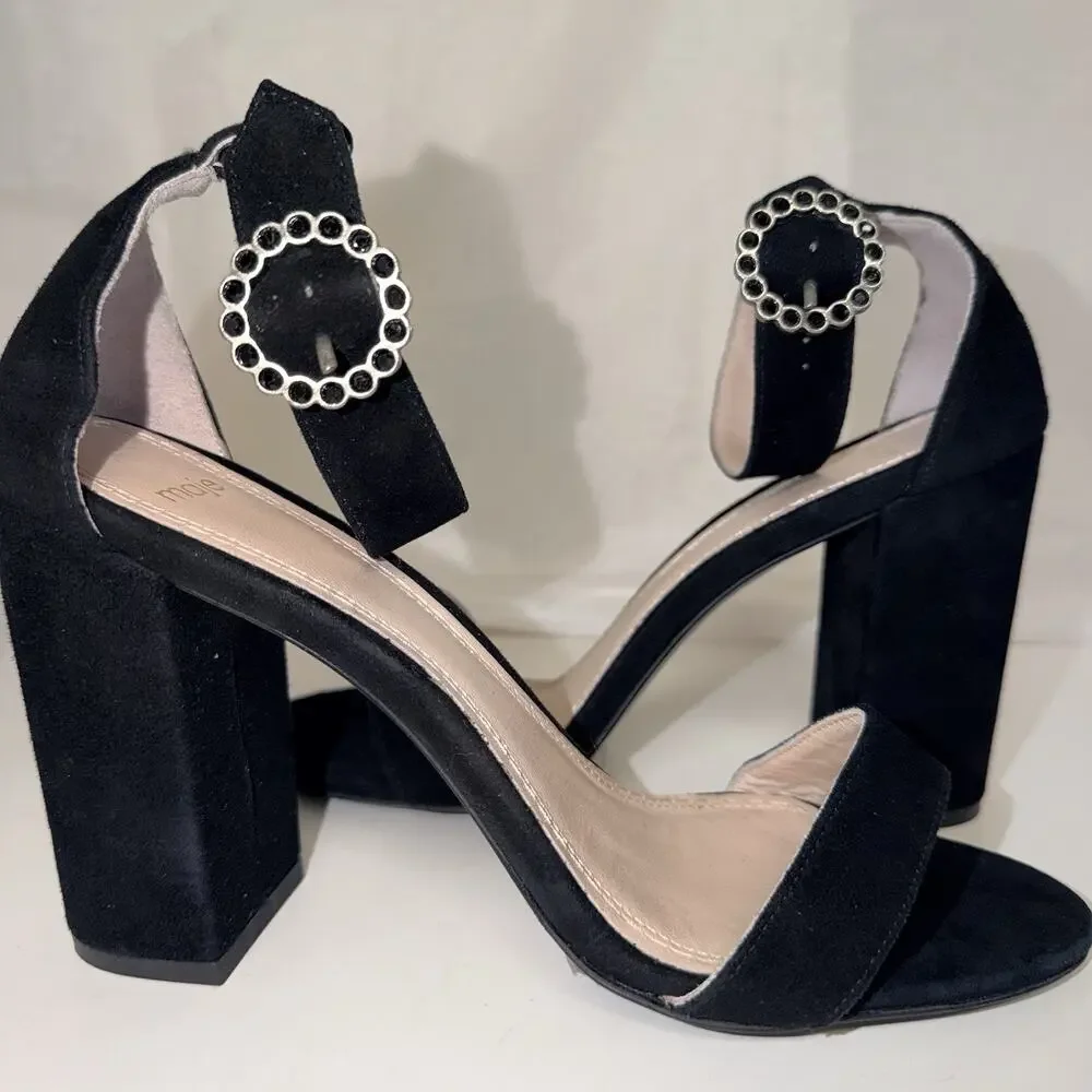 Maje Faria Black Suede Block Heel Sandals 40 US 9 Crystal Buckle Portugal JB2